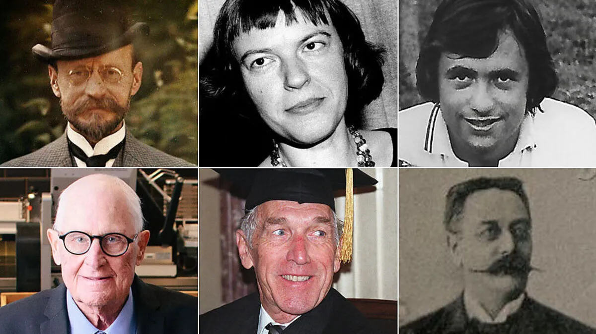 Obere Zeile von links: Carl Auer von Welsbach, Ingeborg Bachmann und Alfred Warmuth; untere Zeile von links: Fritz Kuchler, Paul Watzlawick und Emanuel Herrmann