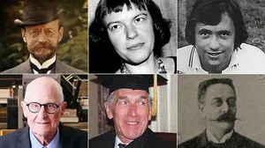 Obere Zeile von links: Carl Auer von Welsbach, Ingeborg Bachmann und Alfred Warmuth; untere Zeile von links: Fritz Kuchler, Paul Watzlawick und Emanuel Herrmann