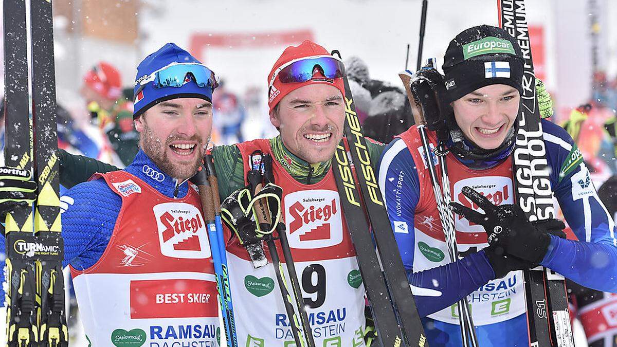 Das Podium: Alessandro Pittin (ITA), Fabian Riessle (GER) und Eero Hirvonen (FIN, von links)