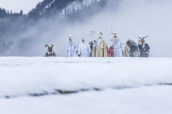 Der Apostel Thomas, der weiße Thomas, auch Lichtbringer genannt, die Nikolofrau, der Gabenbringer, auch Sackträger genannt, der Greis, die Thomashutzn sowie Krampusse unterwegs auf einer schneebedeckten Wiese