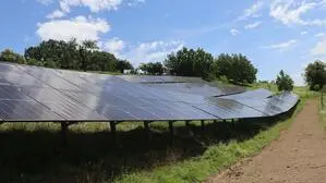 Die errichtete Photovoltaikanlage (300 kWp) am Kleeberg liefert nicht nur Energie, sondern dient auch Schafen als Weide