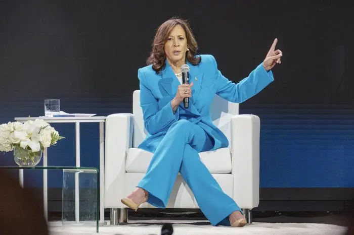 Vice President Kamala Harris speaks with Essence CEO Caroline Wanga during the 30th annual Essence Festival of Culture in New Orleans, Saturday, July 6, 2024. (Matthew Perschall