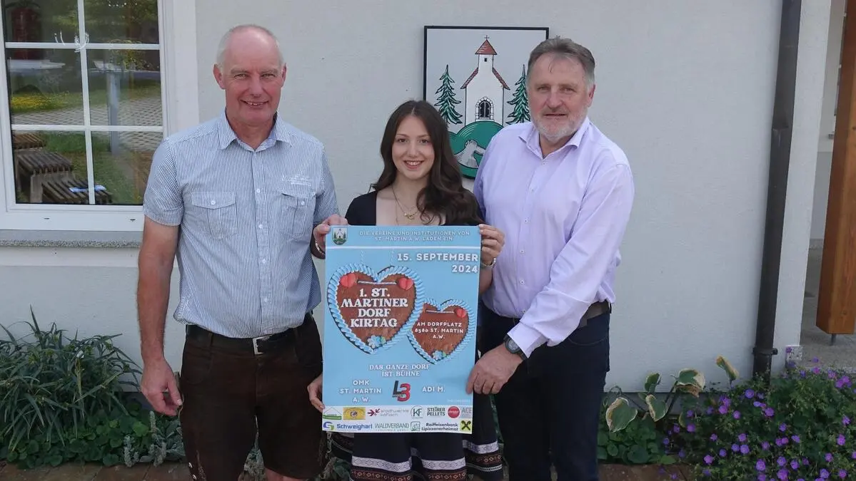Horst Gspurning (Bauernbund), Jasmin Poparic (Landjugend) und Bürgermeister Johann Hansbauer laden am 15. September zum ersten Dorfkirtag