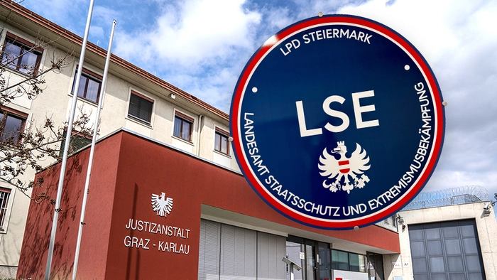 Bild zeigt Eingang der Justizanstalt Graz-Karlau und ein blaues LSE-Logo