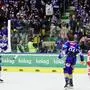 Blick auf zwei Eishockeyspieler auf dem Eis, dahinter erhebt sich die Zuschauertribüne.