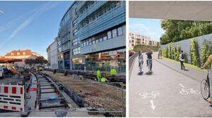 Nun werden auch beim Andreas-Hofer-Platz neue Schienen verlegt. Rechts: Mehr Platz für Radler und Fußgänger unter der Unterführung Peter-Tunner-Gasse