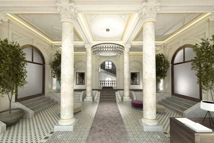 ...Das im Stil der italienischen Renaissance gehaltene Palais umfasst sieben Stockwerke und ist Teil des historischen Ensembles am Börseplatz. Eine Freitreppe führt zum Eingang, die Fassade krönt ein Relief bestehend aus einer Figurengruppe, die den Telegrafenverkehr symbolisiert. Das Palais befindet sich im 1. Bezirk direkt bei den ehemaligen Wiener Börsesälen.