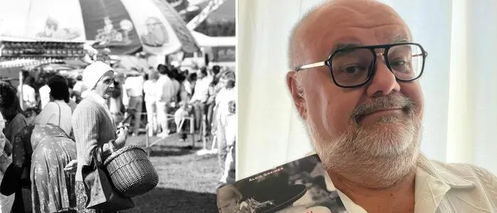Ein altes Foto von damals und Gmeiner, der sein altes Buch in der Hand hält 