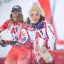 ABD0104_20251227 - SEMMERING - ÖSTERREICH: vlnr.: Camille Rast (2.Platz/SUI) und Siegerin Julia Scheib (AUT) nach dem Riesentorlauf der Frauen am Samstag, 27. Dezember 2025 am Semmering. - FOTO: APA/GEORG HOCHMUTH