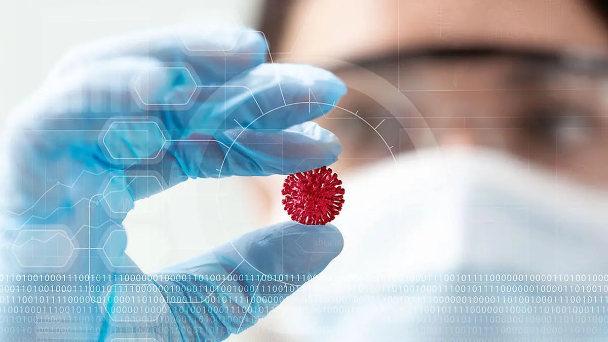 woman scientist holding a coronavirus in a research lab, 3d illustration