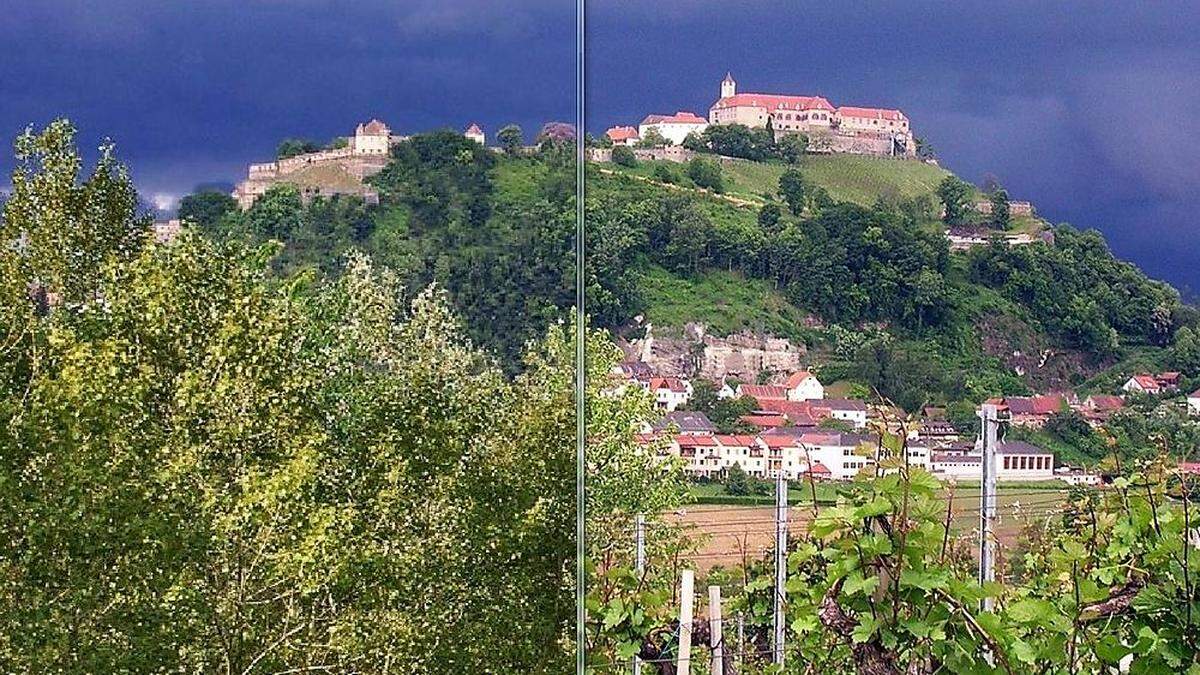 Links 2050: überwuchtert, rechts: 2017: Weinberg und Riegersburg