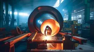 Industry iron factory banner. Worker welder with protective mask welding metal, light spark hot metal. Generation AI.