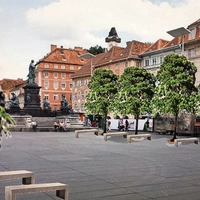 Künstlerische Vision von Paul Mangold: Hauptplatz im Schatten von Bäumen