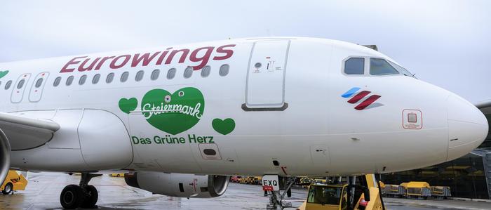 Der Airbus A319 mit dem Grünen Herz der Steiermark landete am Montag in Graz