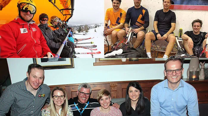 Max Franz und seine Fans hatten beim Skitag jede Menge Spaß (links oben). Lukas Mayer, Christian Walder, Martin Schäffl und Matthias Mayer etwas ausgepumpt (rechts oben). Manfred Pranger, Stefanie Mayr, Gerhard Brüggler, Nici Schmidhofer, Stephanie Venier und Hannes Rieser (unten)