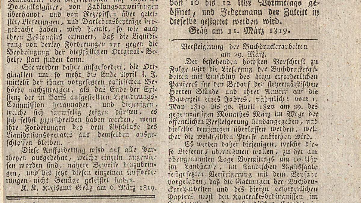 Grätzer Zeitung vom 15.03.1819.