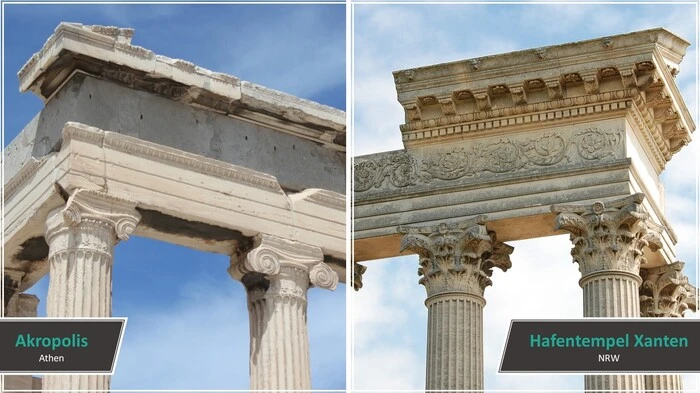 Akropolis vs. Hafentempel. Akropolis: Erhaben auf einem Hügel Athens gelegen, den Göttern nahe, befindet sich die Akropolis Athen. Seit 1986 ist sie Teil des UNESCO-Weltkulturerbes. Hafentempel: Stand der Hafentempel vor Jahrhunderten kunterbunt und leuchtend am Horizont von Xanten, wurde er in den letzten Jahrzehnten etwas schlichter rekonstruiert. So steht der Hafentempel heute als weiß-graue Schönheit in Nordrhein-Westfalen - zum Glück, denn umso ähnlicher sieht der Tempel der Akropolis in Athen.