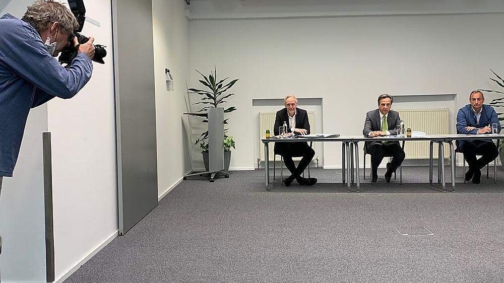 Budgetbilanz auf Distanz: Finanzstadtrat Riegler, Bürgermeister Nagl (beide ÖVP) und Vizebürgermeister Eustacchio