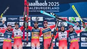 Alexis Monney, Tanguy Nef, Loic Meillard, Franjo von Allmen, Marc Rochat und Stefan Rogentin (von links) sorgten für ein rein schweizerisches Podest