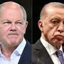 (COMBO) This combination created on November 10, 2023 of file pictures  shows German Chancellor Olaf Scholz (L, on August 22, 2023 in Duren, western Germany) and Turkish President Recep Tayyip Erdogan (on October 26, 2023 in Ankara). German Chancellor Olaf Scholz will meet Turkish President Recep Tayyip Erdogan on November 17, 2023, a German official said on November 10, 2023, at a time of renewed tensions between the countries due to the Israel-Hamas war. The leaders' talks in the German capital will "strongly focus on developments in the Middle East", a government spokeswoman told a regular press briefing in Berlin. (Photo by INA FASSBENDER and Adem ALTAN / AFP)