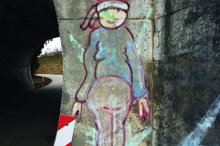 1986 kann als Beginn der Kärntner Graffiti-Kunst gesehen werden: Gerhard Drach alias "IOVE" malte im Innenhof des Klagenfurter Hauses zur "Goldenen Gans" das erste Graffiti. Noch heute sind ein paar seiner Werke, wie hier an einer Unterführung in Pokeritsch, zu sehen.