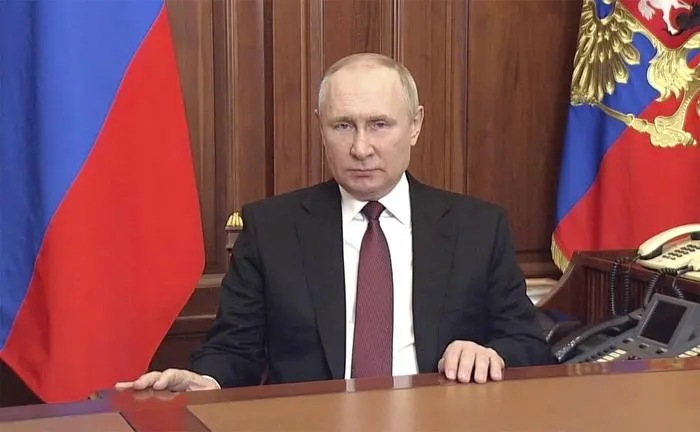 February 24, 2022, Moscow, Moscow Oblast, Russia: Russian President VLADIMIR PUTIN delivers an address to the Russian people announcing the invasion of Ukraine from the Kremlin in Moscow, Russia. Moscow Russia - ZUMAp138 20220224_zaa_p138_001 Copyright: xKremlinxPool/KremlinxPoolx 