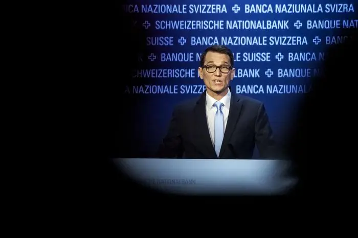 Swiss National Bank (SNB BNS) chairman Martin Schlegel speaks during a general assembly of the Swiss central bank in Bern on April 25, 2025. (Photo by Fabrice COFFRINI / AFP)
