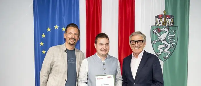 Unter den „Top 30 unter 30“ des Landes: WKO Steiermark-Präsident Josef Herk mit Jungunternehmer Paul Ehrenreich und „Steirische Wirtschaft“-Chefredakteur Mario Lugger (v. r.)