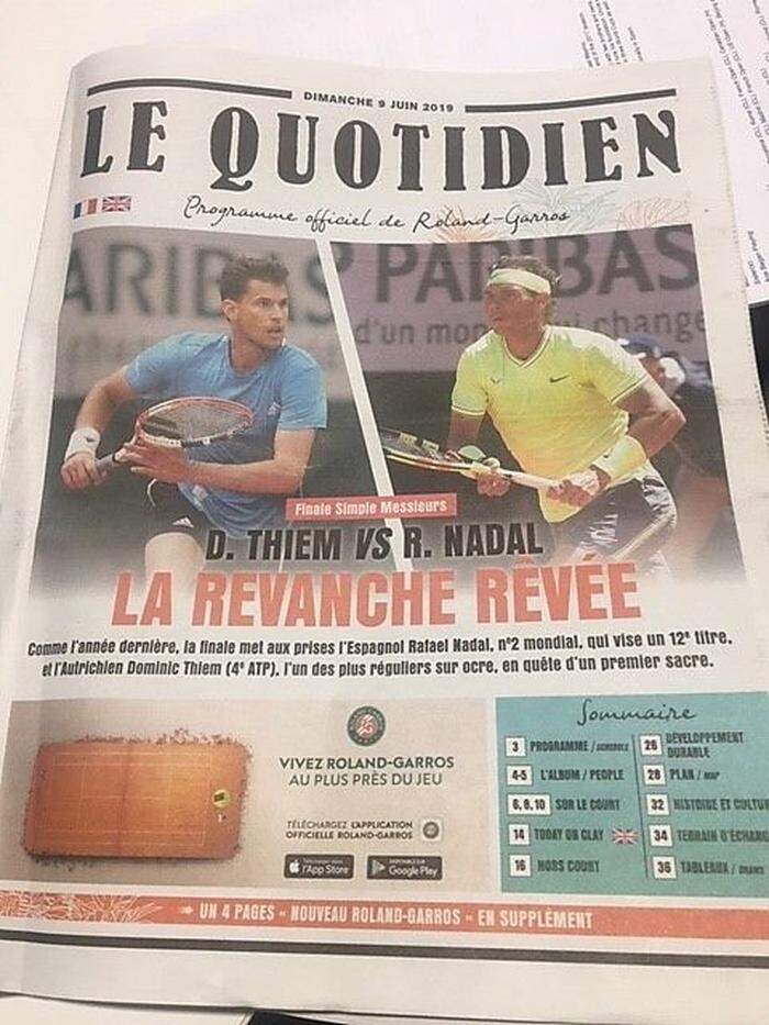 Das Duell Dominic Thiem gegen Rafael Nadal ist auch am Titelblatt von Le Quotidien