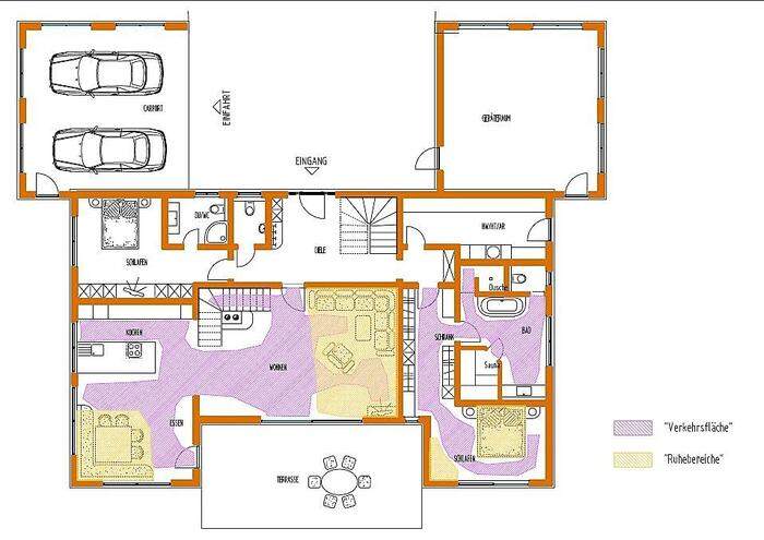 Der Grundriss für ein Einfamilienhaus vor der IWAPBeratung: viel zu viel Raum nur als Verkehrsfläche
