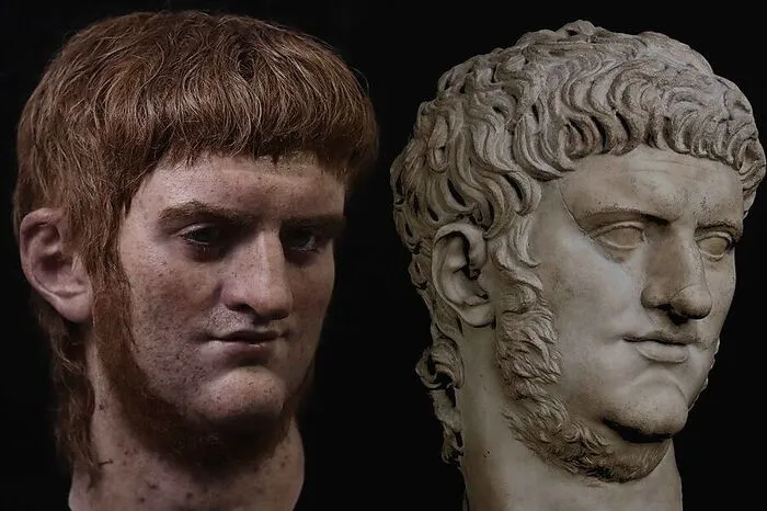 Die Büste von Kaiser Nero neben der hyperrealistischen Darstellung.
