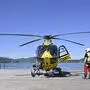 Der Rettungshubschrauber landete zu Übungszwecken im Strandbad 