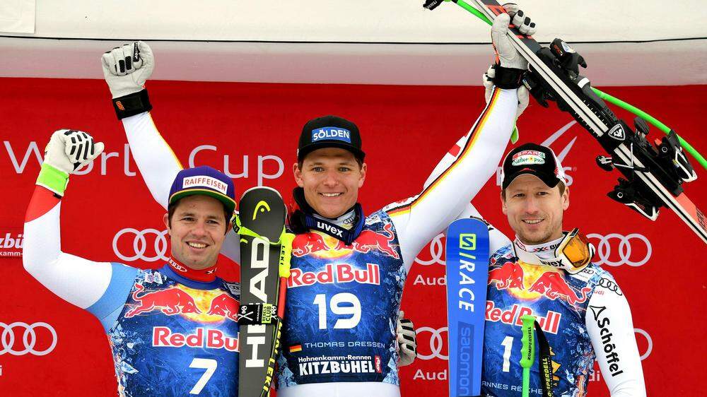 Thomas Dreßen, Kitzbühel | Am 20. Jänner 2018 gewann Thomas Dreßen (Mitte) die Abfahrt in Kitzbühel vor Beat Feuz (links) und Hannes Reichelt