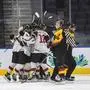 Austria celebrates a goal against Germany during the second period of an IIHF junior world hockey championships game Wednesday, Aug. 10, 2022, in Edmonton, Alberta. (Jason Franson/The Canadian Press)