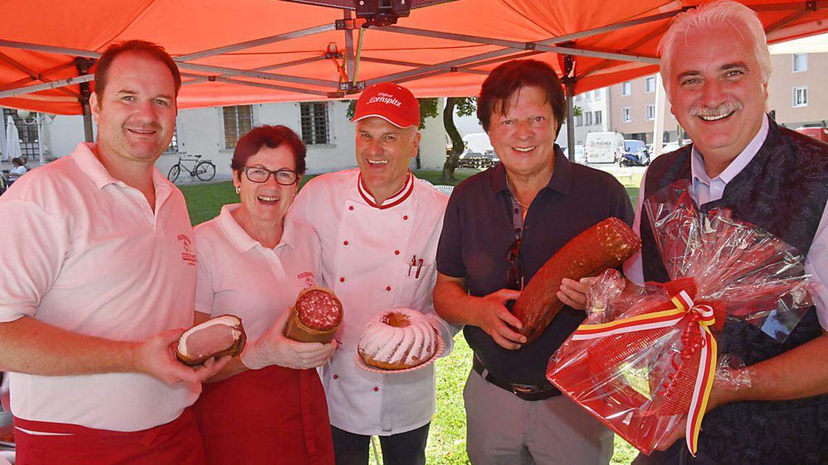 Wolfgang und Waltraud Mossegger, Konditormeister Wolfgang Wendt, Fleischerfest-Erfinder Willi Koch und Landesinnungsschef Raimund Plautz