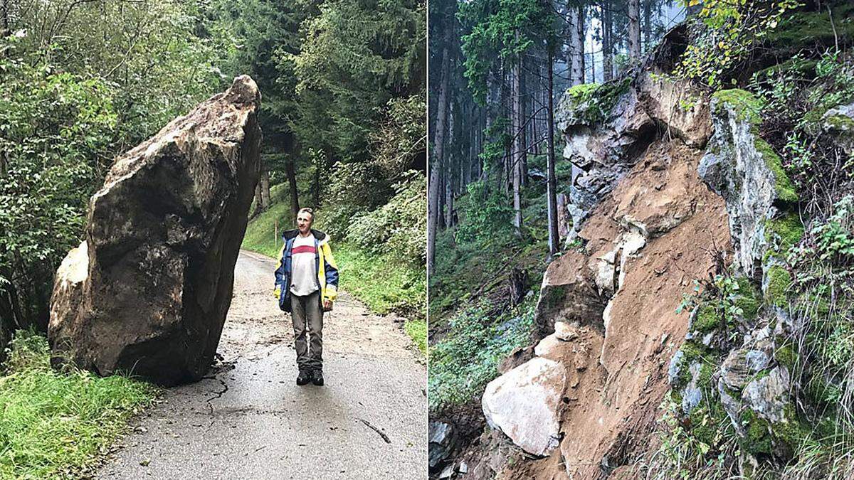 Dieser riesige Gesteinsbrocken fiel auf die Straße. Weitere Steine in dieser Dimension seien noch oben