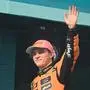 McLaren's Australian driver Oscar Piastri celebrates his first place finish on the podium after the 2025 Miami Formula One Grand Prix at Miami International Autodrome in Miami Gardens, Florida, on May 4, 2025. (Photo by Chandan Khanna / AFP)