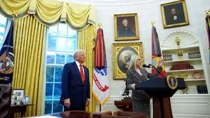 WASHINGTON, DC - FEBRUARY 05: Newly confirmed U.S. Attorney General Pam Bondi speaks alongside President Donald Trump during her swearing in ceremony in the Oval Office at the White House on February 05, 2025 in Washington, DC. The Senate confirmed Bondi as Attorney General with a 54-46 vote on Tuesday. (Photo by Andrew Harnik/Getty Images)
