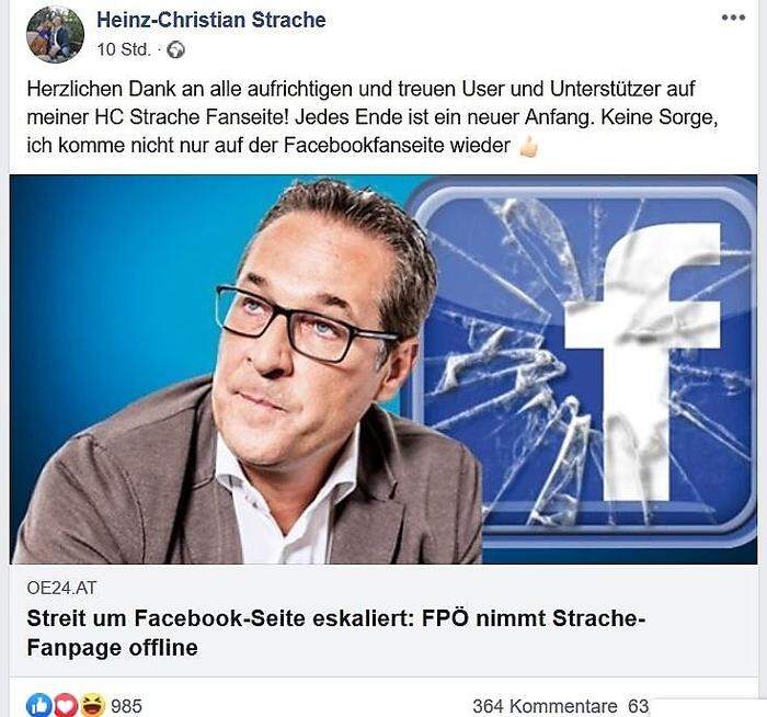 Heinz-Christian Strache schreibt jetzt auf seiner privaten Facebook-Seite weiter