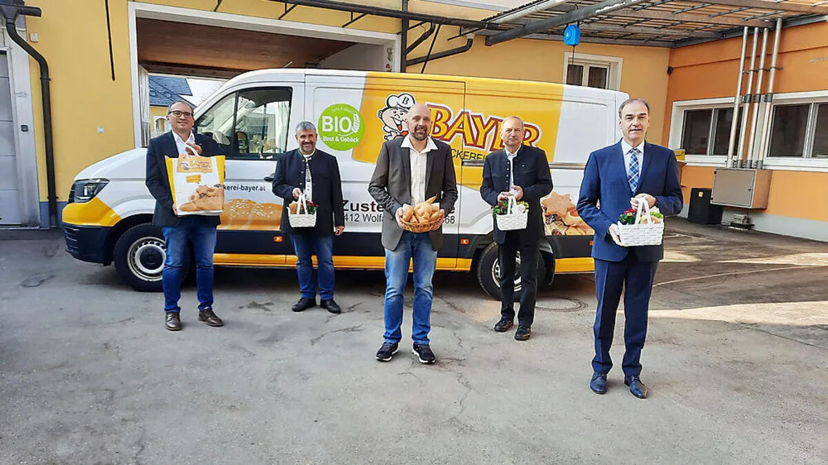 Wolfauer Bürgermeister Walter Pfeiffer, Thomas Hatwagner, Bäckermeister Heinz Bayer,Werner Falb-Meixner, Wirtschaftslandesrat Leonhard Schneemann 