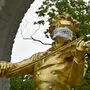 Österreich im Zeichen des Mund-Nasen-Schutzes und seiner Gegner – auch das berühmte Johann-Strauß-Denkmal wurde 2020 drapiert	APA 