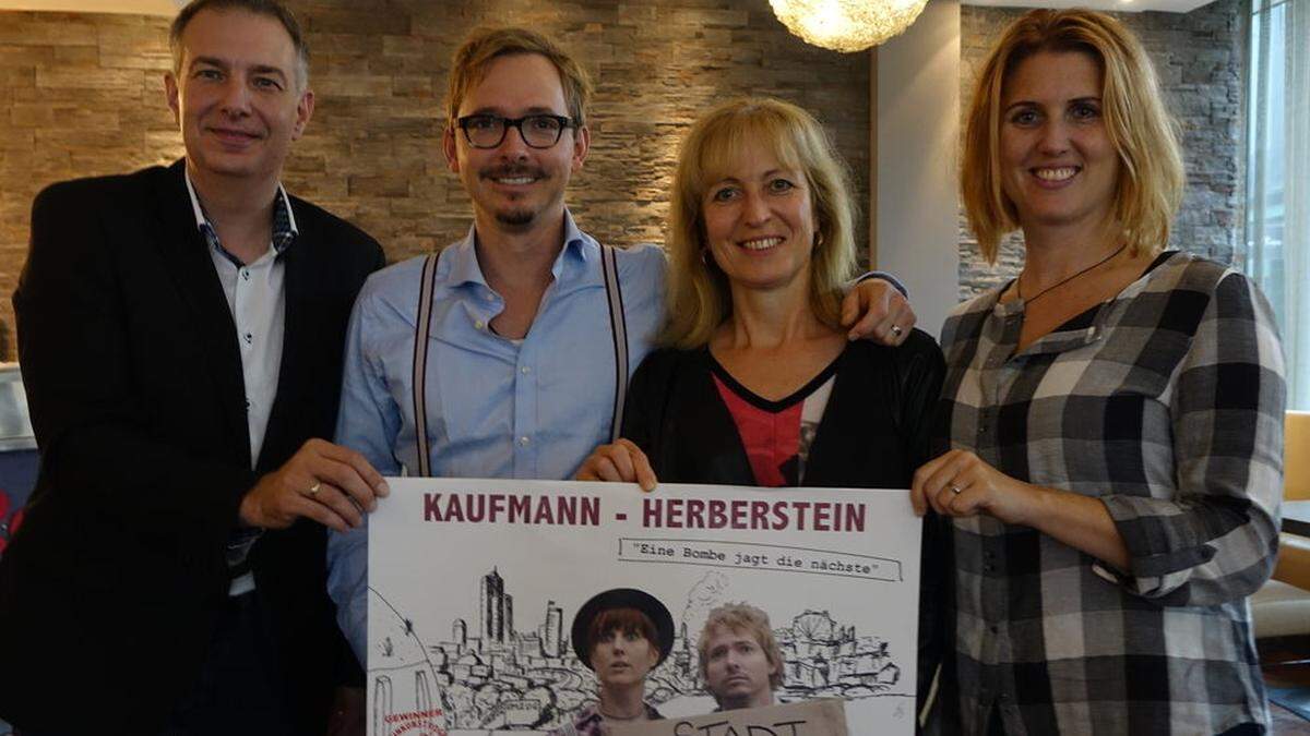 Laden zum Benefiz-Kabarett zugunsten des Vereines FinaB: Johann König, Florian Kaufmann, Irene Thiel, Therese Herberstein