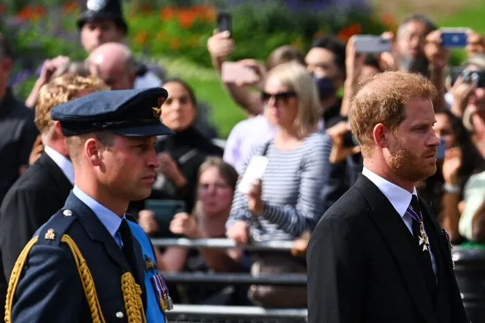 In dem Geleitzug laufen auch Charles' Söhne Prinz William (links) und Prinz Harry (rechts) mit.