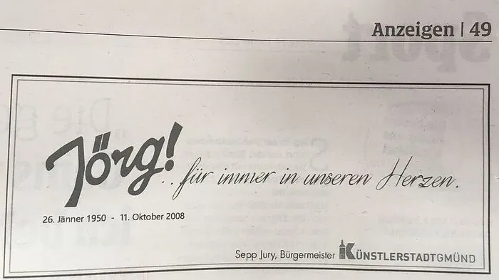Die Anzeige erschien am Sonntag, dem 70. Geburtstag Jörg Haiders