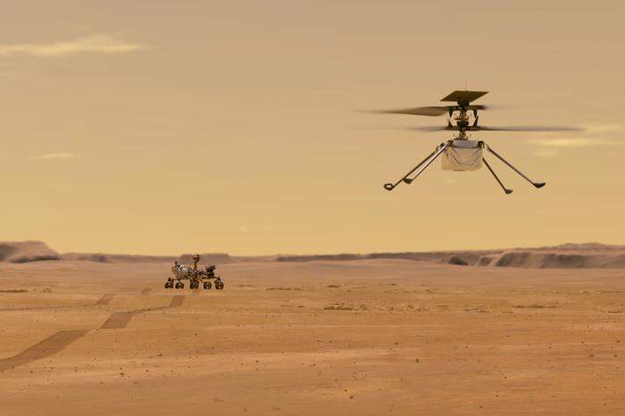 Der Ultraleicht-Minihubschrauber "Ingenuity" soll durch die Mars-Atmosphäre fliegen und den Rover flankieren