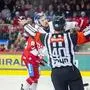 KLAGENFURT,AUSTRIA,09.APR.24 - ICE HOCKEY - ICE Hockey League, play off final, Klagenfurter AC vs EC Red Bull Salzburg. Image shows Peter Hochkofler (EC RBS), referee and David Maier (KAC).
Photo: GEPA pictures/ Gintare Karpaviciute