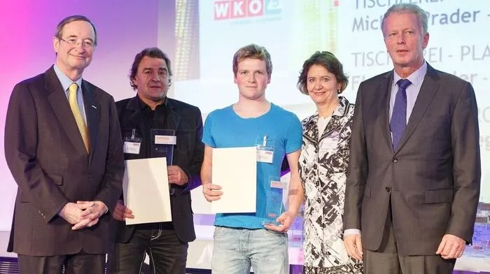 Christoph Leitl, Gottfried Fuchs, Manuel Moser, Renate Scheichelbauer-Schuster und Wirtschaftsminister Reinhold Mitterlehner (von links)