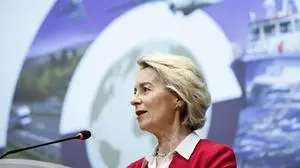 European Commission President Ursula von der Leyen gives a speech during the 2025 International Conference of the Global Alliance to Counter Migrant Smuggling at the European Commission In Brussels, on December 10, 2025. (Photo by Simon Wohlfahrt / AFP)