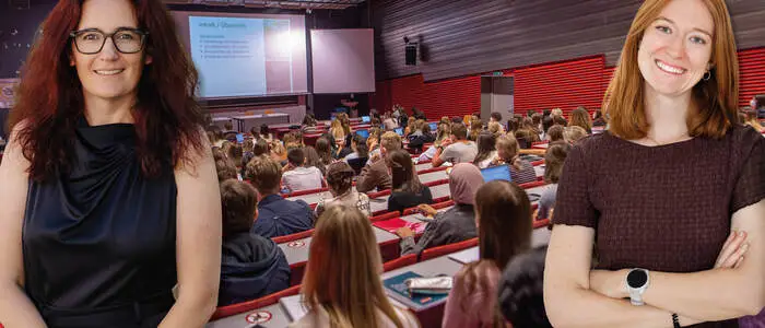 Das Bild zeigt die Leiterin des Zentrums für Psychotherapie an der Uni Graz Barbara Pammer und die Studentin Isabella Reither