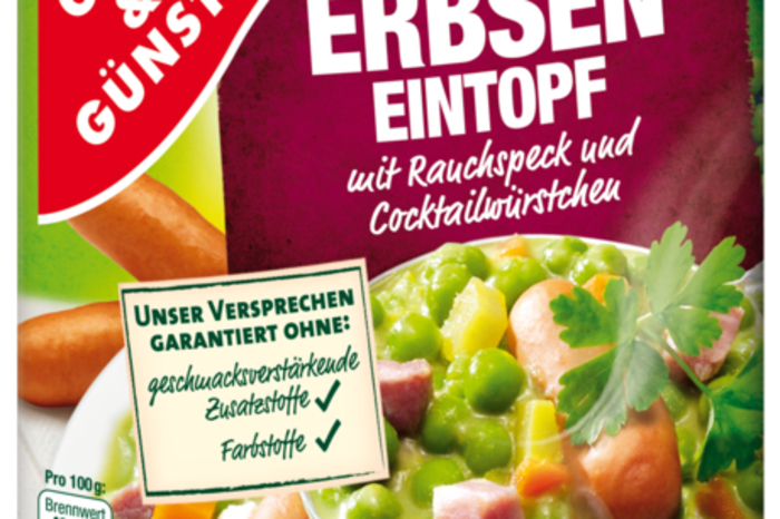 Erbsen Eintopf Gut und Günstig von Edeka. (12,3 Prozent)Zwar steht auf der Packung "Garantiert ohne: geschmacksverstärkende Zusatzstoffe und Farbstoffe". Aber auf der Zutatenliste wird das Gegenteil aufgezeigt. Dort sind zehn Zusatzstoffe vermerkt.